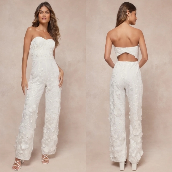 Lulus Eternal Glamour White 3D Floral Strapless Wide-Leg Jumpsuit S Wedding